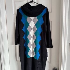 Sandra Darren Black and Blue Argyle Cowl Neck Dress